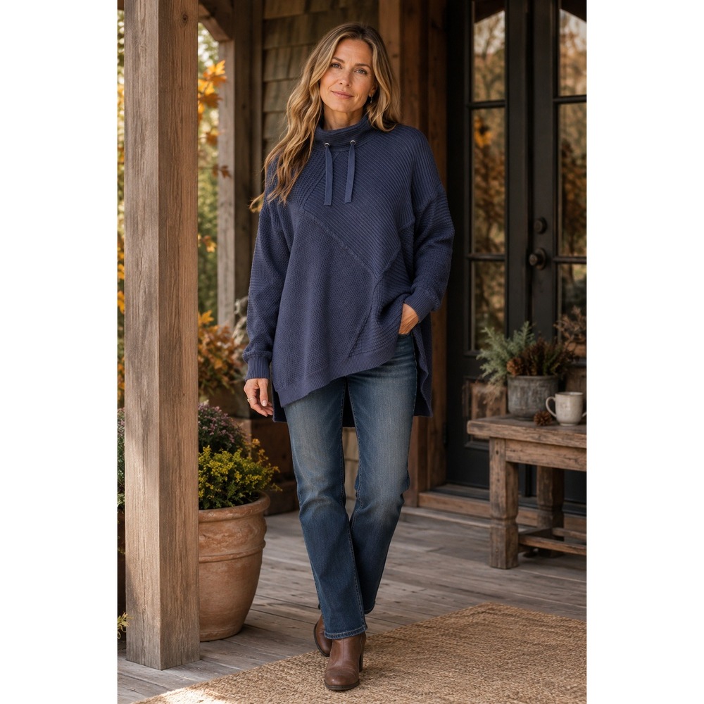Soft Surroundings Navy‎ Blue Cotton Mixed Knit Funnel Neck Tunic Sweater 2BY40 M